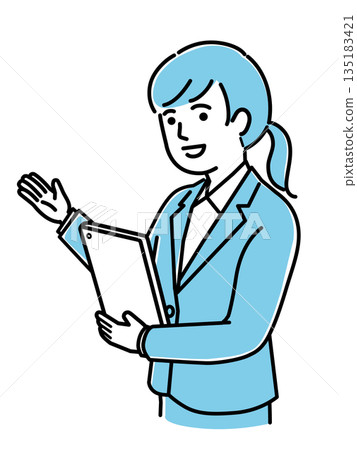 一名女子手持平板電腦進行引導，身穿淺藍色制服，負責接待、醫療照護、客戶服務等工作，向量圖。 135183421