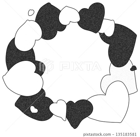 Cute monochrome hand-drawn heart background illustration, round heart wreath-style frame, pen drawing style 135183581