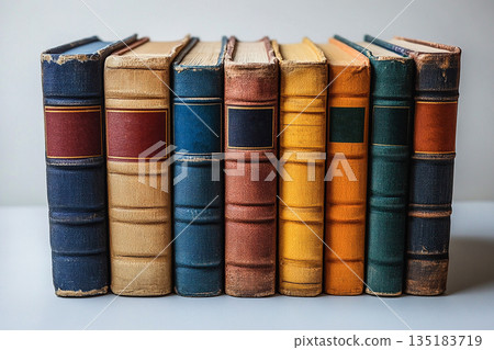 Library concept. Books collection. Stack of Hardcover Books on a white background. Vintage book covers. Library concept. Books collection. Stack of Hardcover Books on a white background. Vintage book covers. 135183719