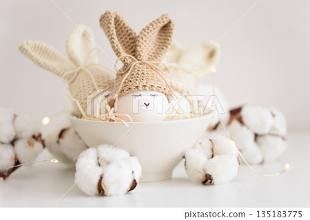 Easter Eggs with Bunny Hats in Cozy Spring Arrangement Easter Eggs with Bunny Hats in Cozy Spring Arrangement 135183775