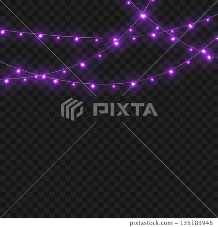 Christmas Purple Glowing String Lights Garland Border on Transparent Background. Vector 135183948