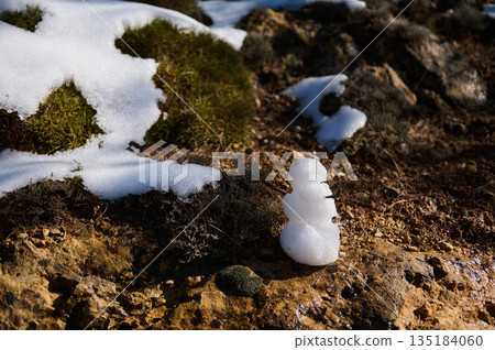 Snowy Mossy Rocks With Mini Snowman On Rocky Ground In Bright Winter Light 135184060