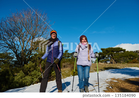 Two Hikers With Trekking Poles On Sunny Snow-Cilled Trail In Winter Outdoors 135184090