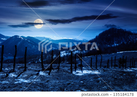 snow covered hill with barbed wire fence in full moon light. inner strength to overcome fear, loneliness in darkness snow covered hill with barbed wire fence in full moon light. inner strength to overcome fear, loneliness in darkness 135184178