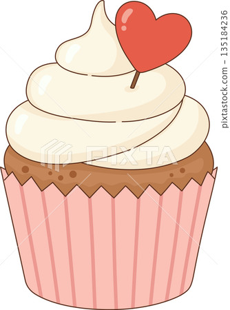 Cute Valentine's Day Cupcake Illustration with White Cream Frosting and Red Heart Topper 135184236