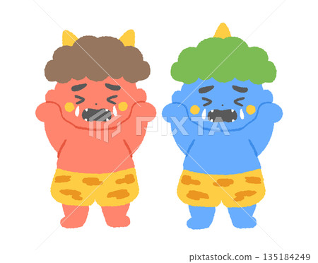 Illustration of crying red and blue demons Illustration of crying red and blue demons 135184249