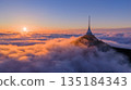 Beautiful Sunset over Famous Mountain Hotel Jested , Aerial Shot Above Clouds 135184343