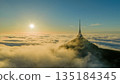 Beautiful Sunset over Famous Mountain Hotel Jested , Aerial Shot Above Clouds 135184345