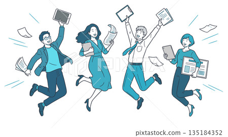 一個商業場景，團隊成員手持文件和平板電腦，欣喜若狂地跳了起來。 135184352