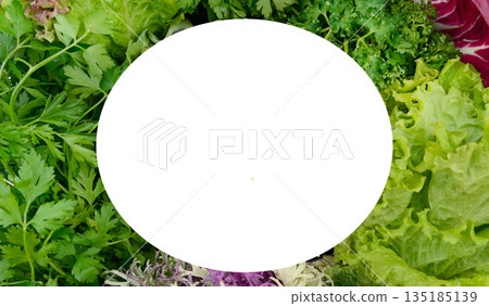 Fresh Leafy Greens and Herbs Circular Frame with Copy Space 135185139