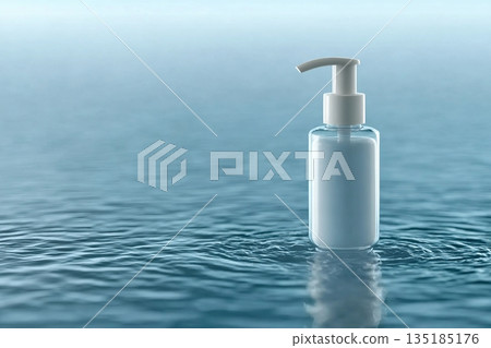 Blank packaging pump bottle on calm blue water ripple surface. Clean studio lighting, minimal aesthetic, ideal for skincare product mockup Blank packaging pump bottle on calm blue water ripple surface. Clean studio lighting, minimal aesthetic, ideal for skincare product mockup 135185176
