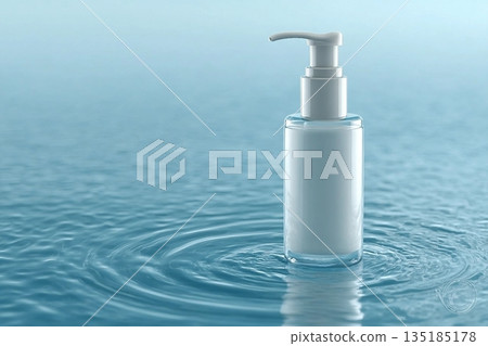Blank packaging pump bottle on calm blue water ripple surface. Clean studio lighting, minimal aesthetic, ideal for skincare product mockup 135185178