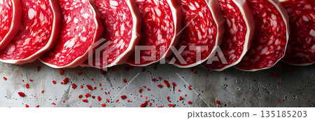Sliced Salami Banner Copy Space, Cold Cuts Meat Sausages, Bold Vibrant Red and White Illustration Design 135185203