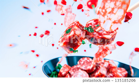 Sliced Salami Banner Copy Space, Cold Cuts Meat Sausages, Bold Vibrant Red and White Illustration Design 135185206