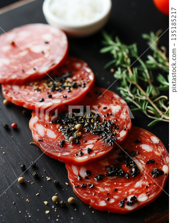 Sliced Salami Banner Copy Space, Cold Cuts Meat Sausages, Bold Vibrant Red and White Illustration Design Sliced Salami Banner Copy Space, Cold Cuts Meat Sausages, Bold Vibrant Red and White Illustration Design 135185217