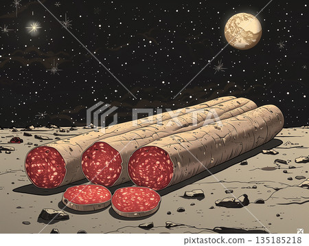 Sliced Salami Banner Copy Space, Cold Cuts Meat Sausages, Bold Vibrant Red and White Illustration Design 135185218
