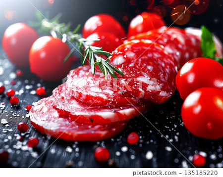 Sliced Salami Banner Copy Space, Cold Cuts Meat Sausages, Bold Vibrant Red and White Illustration Design 135185220