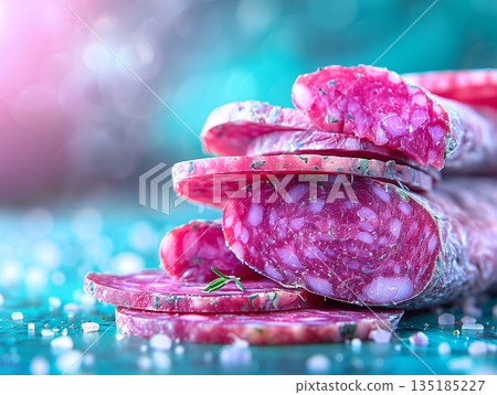 Sliced Salami Banner Copy Space, Cold Cuts Meat Sausages, Bold Vibrant Red and White Illustration Design 135185227