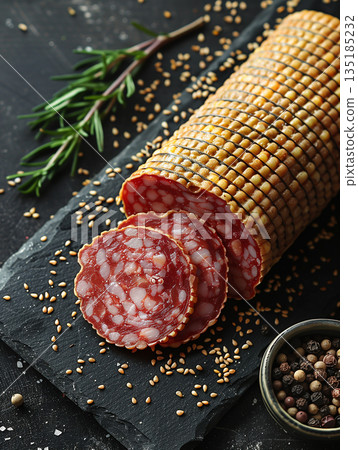 Sliced Salami Banner Copy Space, Cold Cuts Meat Sausages, Bold Vibrant Red and White Illustration Design 135185232