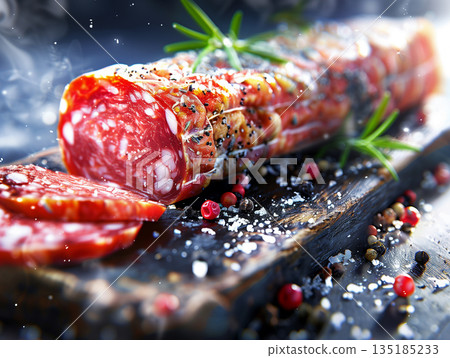 Sliced Salami Banner Copy Space, Cold Cuts Meat Sausages, Bold Vibrant Red and White Illustration Design 135185233