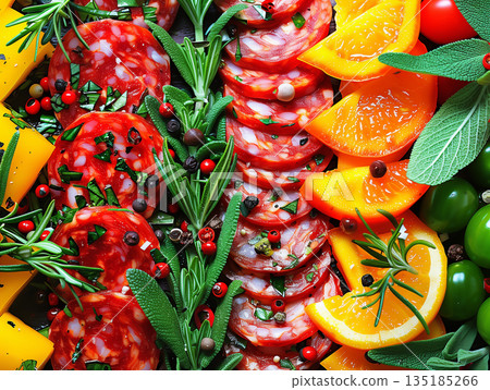 Sliced Salami Banner Copy Space, Cold Cuts Meat Sausages, Bold Vibrant Red and White Illustration Design 135185266