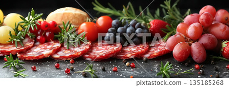 Sliced Salami Banner Copy Space, Cold Cuts Meat Sausages, Bold Vibrant Red and White Illustration Design 135185268