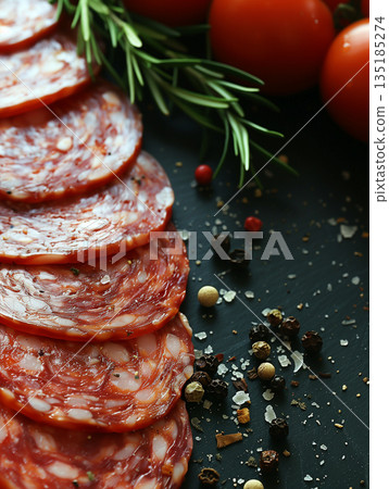 Sliced Salami Banner Copy Space, Cold Cuts Meat Sausages, Bold Vibrant Red and White Illustration Design 135185274