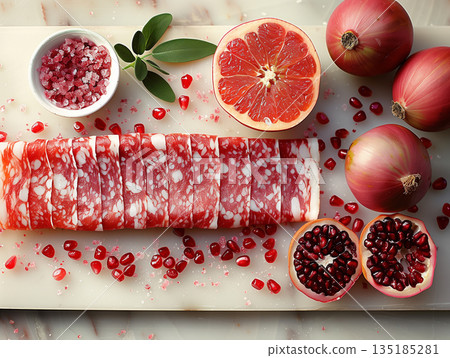 Sliced Salami Banner Copy Space, Cold Cuts Meat Sausages, Bold Vibrant Red and White Illustration Design 135185281