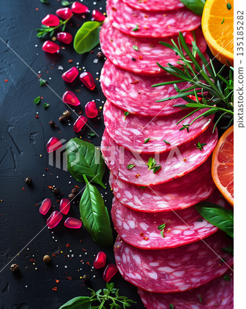 Sliced Salami Banner Copy Space, Cold Cuts Meat Sausages, Bold Vibrant Red and White Illustration Design Sliced Salami Banner Copy Space, Cold Cuts Meat Sausages, Bold Vibrant Red and White Illustration Design 135185282