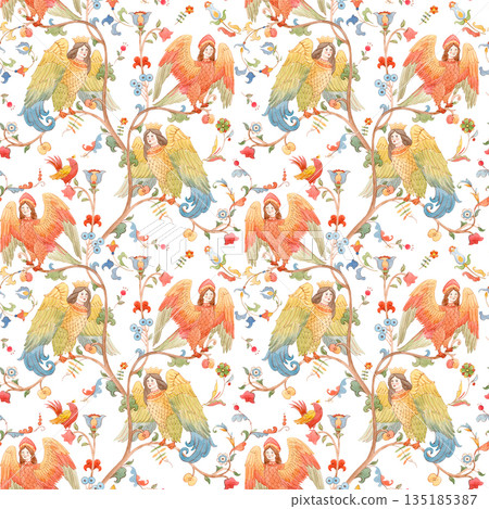 Whimsical Slavic mythology seamless pattern featuring the Alkonost, a legendary bird with a human face from Russian folklore. Vintage fairytale illustration with ornate branches and floral motifs 135185387