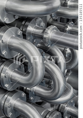 Curved stainless steel pipes, part of industrial cooling system Curved stainless steel pipes, part of industrial cooling system 135185511