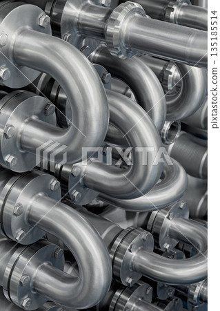 Curved stainless steel pipes, part of industrial cooling system Curved stainless steel pipes, part of industrial cooling system 135185514