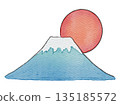 富士山與第一道陽光，手繪水彩插圖 135185572
