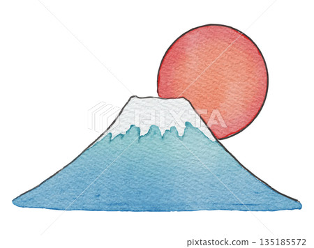 富士山與第一道陽光,手繪水彩插圖 富士山與第一道陽光,手繪水彩插圖 135185572