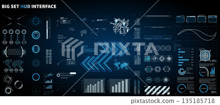 Various dashboard elements used in interface design. It includes maps, graphs, and data displays in a digital style. The layout includes multiple colors and shapes. 135185718