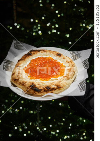 Elegant Image Showcasing Wood Fire Baked Pizza Adorned With Bright Orange Roe And Smoky Crusts Elegant Image Showcasing Wood Fire Baked Pizza Adorned With Bright Orange Roe And Smoky Crusts 135185852