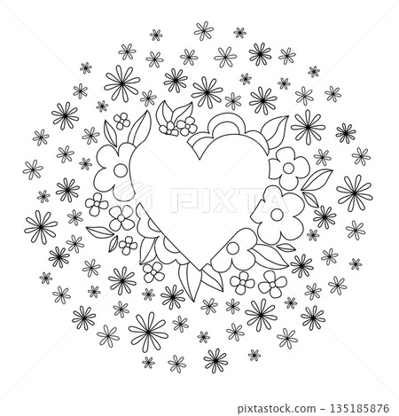 Monochrome heart frame for your text. Romantic round coloring page. Pattern with vintage floral ornament. Many little flowers Monochrome heart frame for your text. Romantic round coloring page. Pattern with vintage floral ornament. Many little flowers 135185876