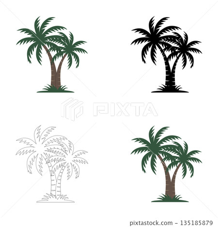 Palm tress drawing clipart set. Coconut and palm trees clip art icon with green tropical leaves collection vector illustration on white background 135185879