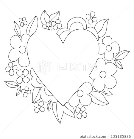 Heart frame coloring page. Vintage floral decor with heart. Monochrome tattoo design. Black and white vector illustration. Frame without the text. 135185886