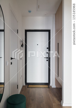 Stylish foyer featuring understated elegance and utility 135185968