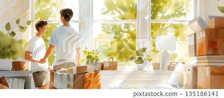 Two men stand by a window in a bright room, looking out at a sunny day. 135186141