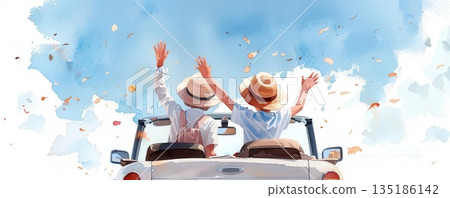 Two friends in a convertible car waving goodbye. 135186142