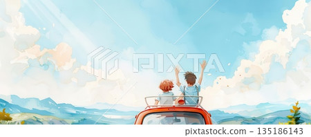 Couple in a car with arms raised, driving through a beautiful, open landscape. Couple in a car with arms raised, driving through a beautiful, open landscape. 135186143