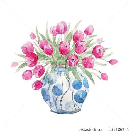 Hand-painted watercolor bouquet of pink tulips in a decorative ceramic vase with blue ornament. Elegant spring floral illustration isolated on white, perfect for wall art, posters, stationery, wedding 135186225