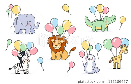 Cute animals with balloons illustration set 135186457