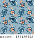 Seamless blue paisley floral vector pattern with leaves and dots. 135186458