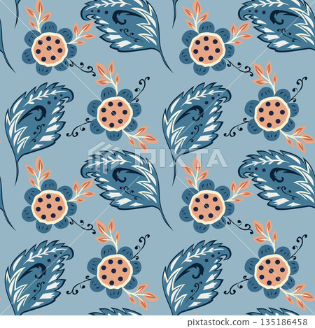Seamless blue paisley floral vector pattern with leaves and dots. Seamless blue paisley floral vector pattern with leaves and dots. 135186458