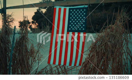 On a beach at night an American flag flutters softly during memorial day 135186609