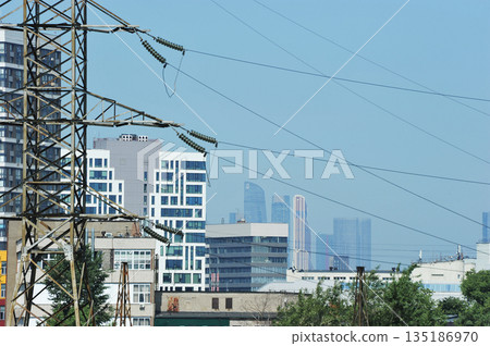 high-voltage power transmission lines transformer substation high-voltage power transmission lines transformer substation 135186970