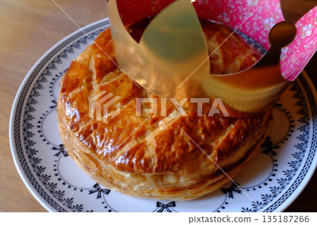 Galette des Rois on a plate 135187266